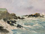 painting of a painting of a rocky coast with a sailboat in the water
