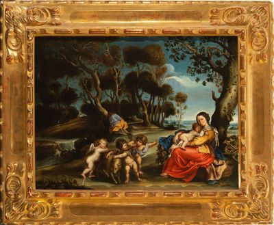 une peinture représentant une peinture d'une famille dans un décor boisé