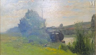 une peinture représentant un bateau sur l'eau dans un champ