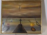 a painting on the wall of a room with a painting of a cross on it