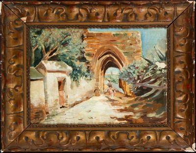 an oil painting of a street scene with a man walking down the street