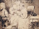 drawing of a woman sitting on a bed next to a child