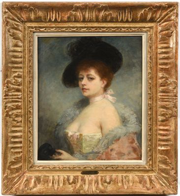 un tableau représentant une femme coiffée d'un chapeau et vêtue d'une robe, tenant un éventail