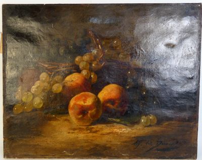 painting of a still life of peaches and grapes on a table
