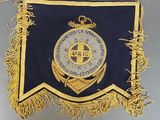 a blue and gold flag with a cross on it