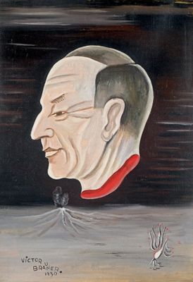 une peinture à l'huile représentant un homme en chemise rouge avec une araignée sur la tête
