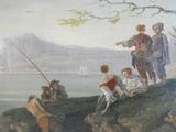 a painting of a group of people fishing in the water