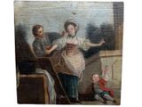 an old painting of a woman and two children on a balcony