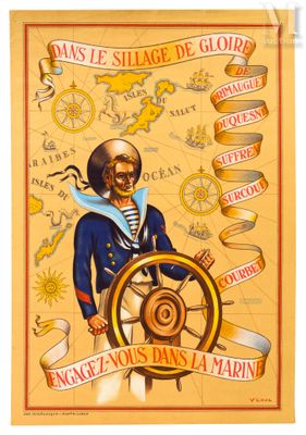 une vieille affiche représentant un marin sur un bateau, avec une barre