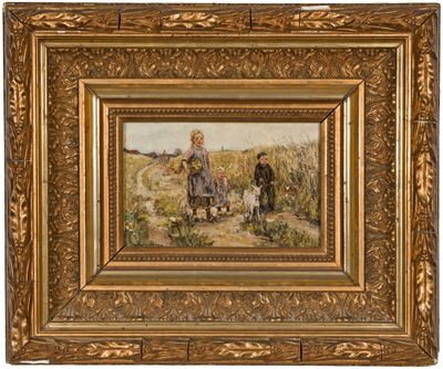 un tableau représentant deux enfants et un chien dans un champ