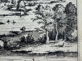 drawing of a landscape with a castle in the distance and a river in the foreground