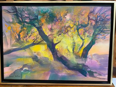 une peinture représentant un arbre au milieu d'un tableau