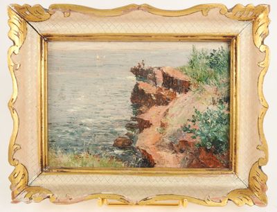 une image représentant un tableau représentant une falaise au bord de l'eau