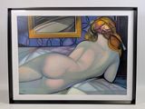tableau représentant une femme nue allongée sur un lit devant un miroir
