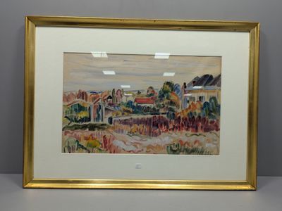 un tableau représentant un paysage avec des maisons et des arbres, dans un cadre doré