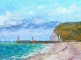 a painting of a beach with a lighthouse in the distance