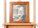 une photo d'un tableau accroché au mur au-dessus d'une étagère