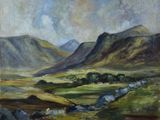 une peinture à l'huile d'un paysage avec des montagnes en arrière-plan