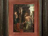 an oil painting of a man on a cross with a woman in the background