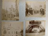 several old black and white photos of people in front of the eiffel tower