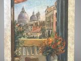 painting of a view of a city from a window with a vase of flowers on a table