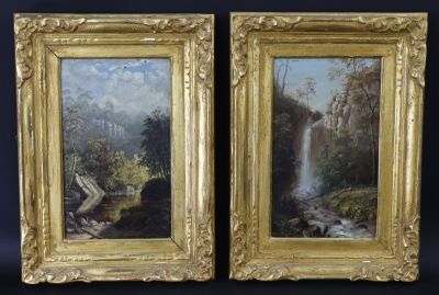 two paintings of a waterfall and a waterfall in a wooded setting