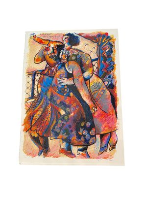 an image of a painting of a woman playing a trumpet