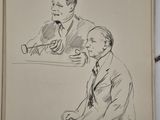 un vieux croquis représentant deux hommes assis à une table devant un micro