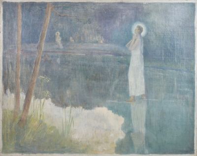 tableau représentant une femme en robe blanche debout dans un plan d'eau