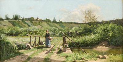 un tableau représentant une femme debout sur un pont