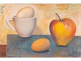 un tableau représentant une pomme et un œuf posés sur une table