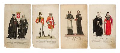 trois gravures d'époque représentant des hommes et des femmes vêtus de costumes médiévaux