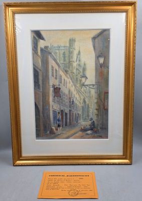 une image représentant une peinture d'une rue de ville avec une tour horloge en arrière-plan