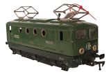 a green train that is on the tracks on a white background