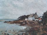 painting of a house on a rocky shore with a boat in the water