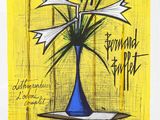 dessin représentant un vase bleu contenant des fleurs blanches, sur fond jaune