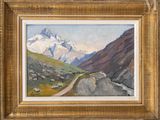 an oil painting of a mountain scene with a road in the foreground