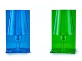 two different colored lamps that are next to each other