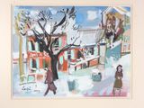 a painting of a woman walking down a snowy street