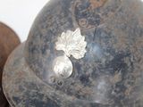 a close up of a helmet with a leaf on it