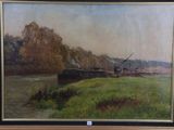 a painting of a barge on the water by a river