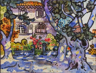 une peinture représentant une maison avec des arbres en arrière-plan