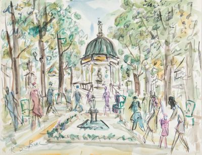 dessin représentant une fontaine dans un parc, avec des gens qui se promènent autour