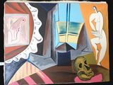 un tableau accroché au mur d'une pièce où se trouve un crâne par terre