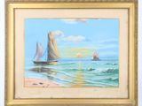 an oil painting of sailboats on the beach at sunset