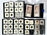 a lot of coins in a case on the table