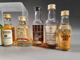 bottles of different types of alcohol are lined up on a table