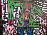 painting of a man in a green jacket and blue pants holding a knife