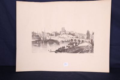 an old black and white photo of a river with boats on it