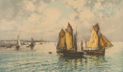 tableau représentant un groupe de voiliers sur un plan d'eau